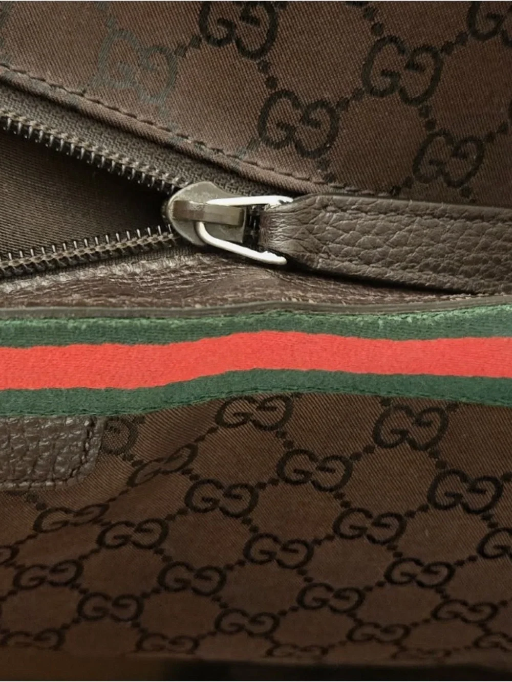 Gucci Brown GG Canvas Duffel with Green-Red Web Stripe